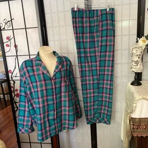 Victoria’s Secret 2-Pc Wom 2XL Lamé Plaid Pajama Set Wide Cuffs Satin Drawstring